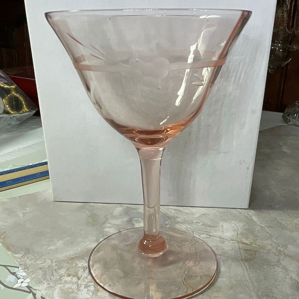 One Etched Pink Depression champagne - wine glass.